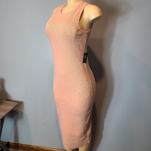 Express Pink Gold Shimmer Ribbed Bodycon Midi Sweater Dress Size Medium New - Picture 2 of 9